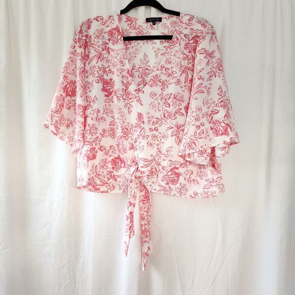 1. State White & Pink Floral Print Tie Hem Wide Sleeve Blouse XL Women’s Toile - Picture 3 of 11